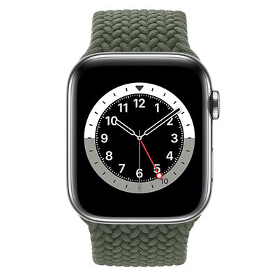 Apple Watch Series6 44mm GPS+Cellularモデル M0GW3J/A+MY852FE/A  A2376【シルバーステンレススチールケース/インバネスグリーンブレイデッドソロループ(サイズ8)】